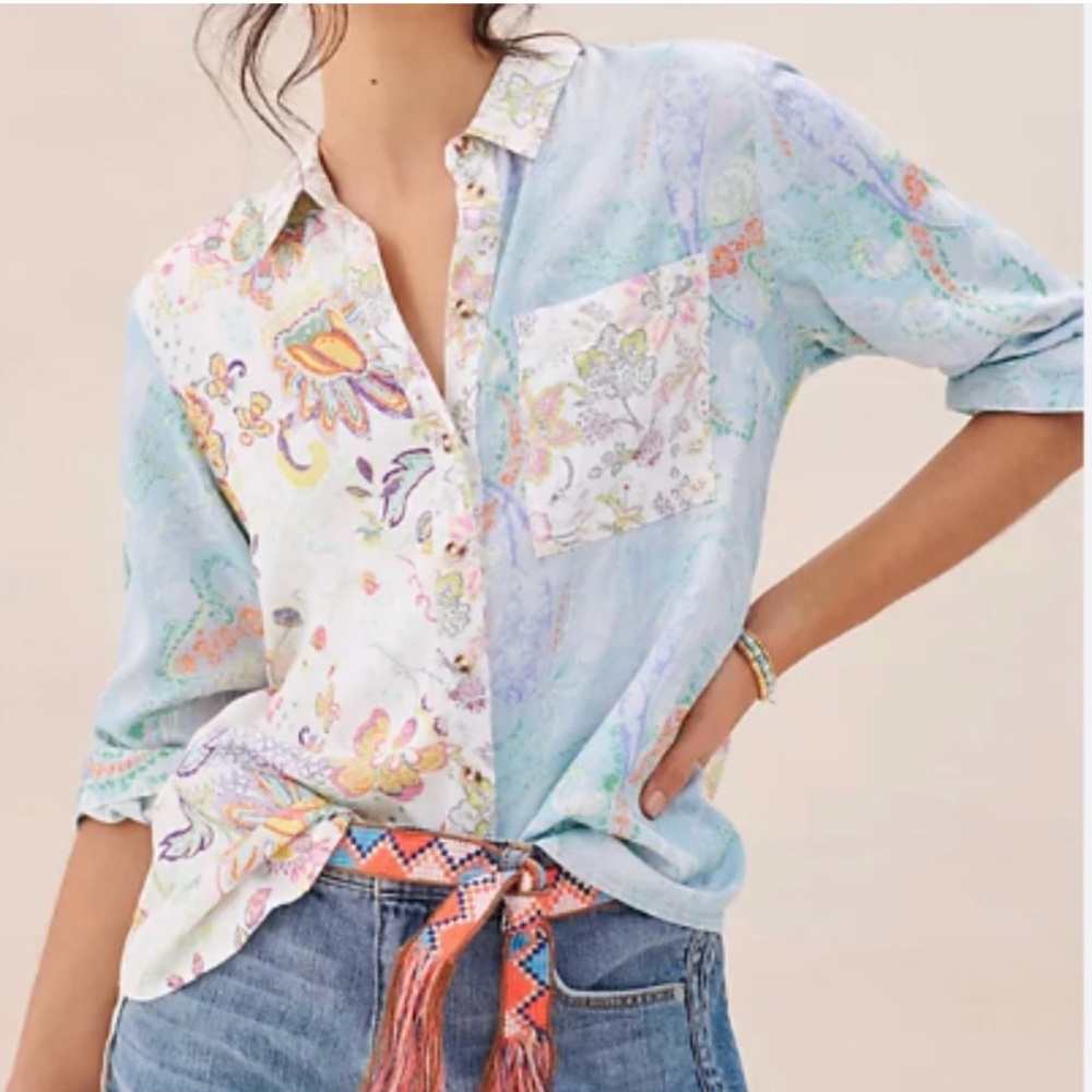Anthropologie The Romy Relaxed Multicolor Floral Button-Down Shirt Size Large